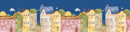 Charming seamless watercolor pattern with cozy village night houses, trees. Architectural seamless border pattern. Perfect for kids designs, textiles, and nursery decor.の写真素材