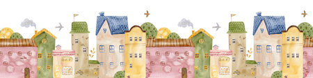 Cute seamless watercolor border pattern with colorful houses, trees, and clouds. rchitectural seamless border pattern. Ideal for children prints, nursery decor, fabric, and stationery.の写真素材