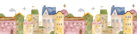 Cute seamless watercolor border pattern with colorful houses, trees, and clouds. rchitectural seamless border pattern. Ideal for children prints, nursery decor, fabric, and stationery.の写真素材