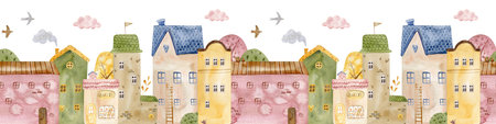 Cute seamless watercolor border pattern with colorful houses, trees, and clouds. rchitectural seamless border pattern. Ideal for children prints, nursery decor, fabric, and stationery.の写真素材