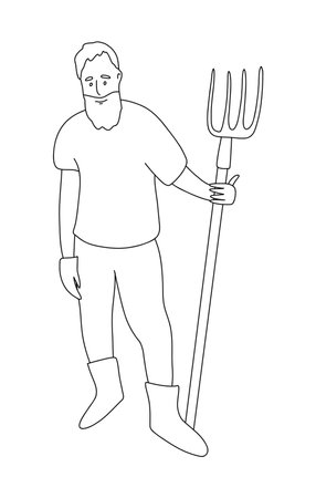 Line art vector of a farmer with pitchfork. Simple outline illustration perfect for agriculture designs, rural themes, farming logos, and educational materials.のイラスト素材