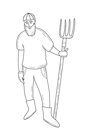 Line drawing of a farmer in a hat holding a pitchfork. Simple outline illustration, perfect for agricultural designs, rural themes, farm logos and educational materials.のイラスト素材