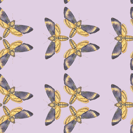 Seamless watercolor pattern featuring deaths-head hawkmoth butterflies on a violet background. Perfect for textiles, wallpapers, gothic decor, and mystical designs.の写真素材