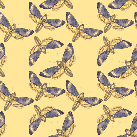 Seamless watercolor pattern featuring deaths-head hawkmoth butterflies on a beige background. Perfect for textiles, wallpapers, gothic decor, and mystical designs.の写真素材