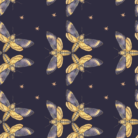 Seamless watercolor pattern featuring deaths-head hawkmoth butterflies with golden stars on a dark background. Perfect for textiles, wallpapers, gothic decor, and mystical designs.の写真素材