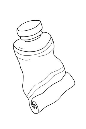 Vector line art of a crumpled paint tube with cap. Hand-drawn black and white illustration for art supplies, design projects, coloring books, and creative themes.のイラスト素材