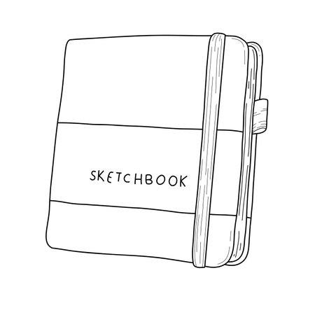 Vector line art of a closed sketchbook with elastic band. Hand-drawn black and white illustration for art, stationery, creative design, and coloring projects.のイラスト素材