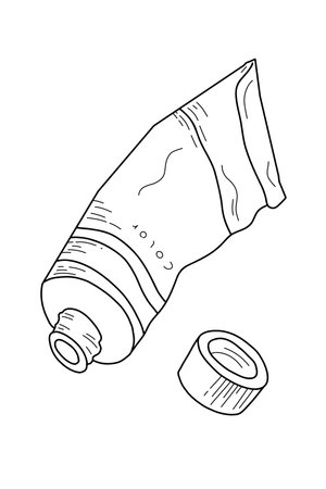 Vector illustration of an open paint tube with cap. Hand-drawn black and white art supply design for painting, creativity, and artistic projects. Isolated on white background.のイラスト素材