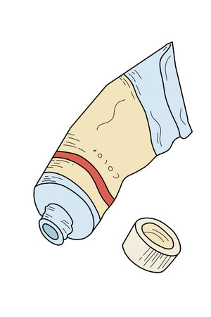 Vector illustration of an open paint tube with cap, colored in pastel shades. Hand-drawn art supply design for painting, creativity, and artistic projects. Isolated on white background.のイラスト素材