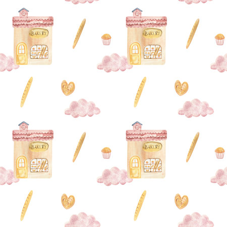 Watercolor seamless pattern with bakery shop, bread, croissant, cupcake, menu board and cozy elements. Perfect for cafe design, packaging, textiles, wrapping paper and kitchen decor.の写真素材
