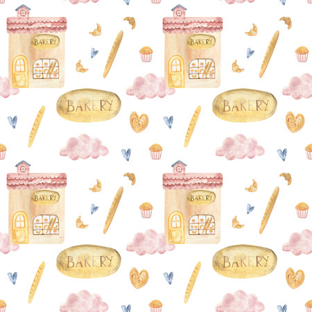 Watercolor seamless pattern with bakery shop, bread, croissant, cupcake, menu board and cozy elements. Perfect for cafe design, packaging, textiles, wrapping paper and kitchen decor.の写真素材