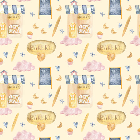 Watercolor seamless pattern with bakery shop, bread, croissant, cupcake, menu board and cozy elements. Perfect for cafe design, packaging, textiles, wrapping paper and kitchen decor.の写真素材