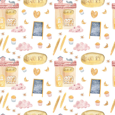 Watercolor seamless pattern with bakery shop, bread, croissant, cupcake, menu board and cozy elements. Perfect for cafe design, packaging, textiles, wrapping paper and kitchen decor.の写真素材