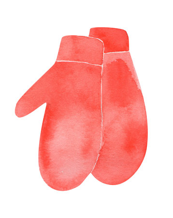 Watercolor illustration of cozy red knitted mittens. Perfect for winter, Christmas, and New Year designs, greeting cards, textiles, wrapping paper, and festive decorations.の写真素材