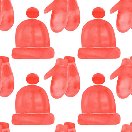 Watercolor pattern featuring cozy red knitted mittens and hats. Perfect for Christmas and New Years designs, winter wrapping paper, textiles, greeting cards, and holiday decor.の写真素材
