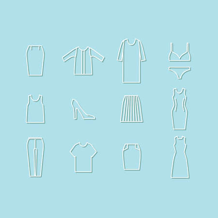 set of women's clothing. shoes. pants. dress. top. jumper. underwear.のイラスト素材