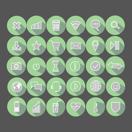 Set of vector illustrations icons. message. letter. play. Wi-Fi. location. smile. planet. a heart. clock. direction. planet. basket.のイラスト素材