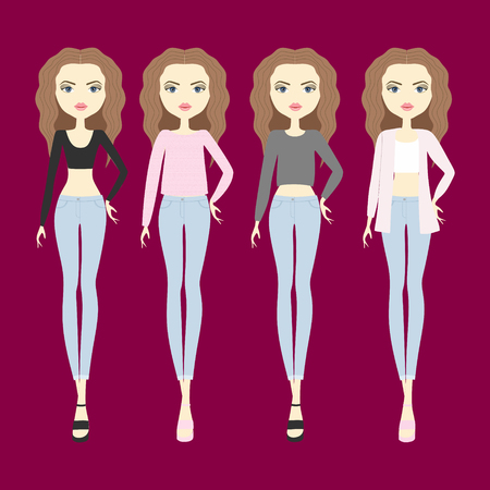 young woman in fashionable clothes. girl in shorts and a sweater. blouse. sandals. footwear. top. jeans. cardigan casual wearのイラスト素材