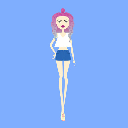 top. shorts. casual wear. colorful hair. young girl in fashionable clothes.のイラスト素材