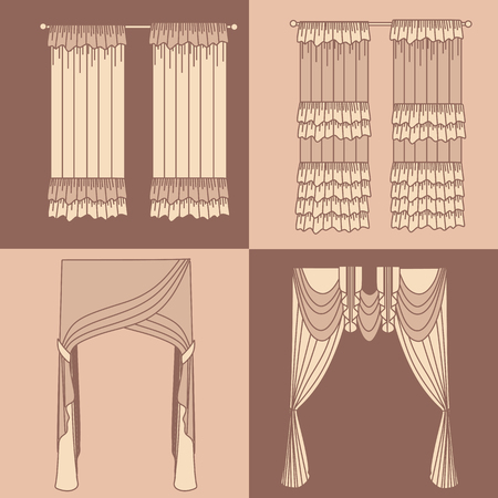 curtains and draperies interior decoration design ideas realistic icons collection isolated vector illustrationのイラスト素材