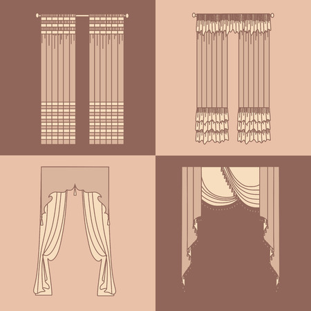 curtains and draperies interior decoration design ideas realistic icons collection isolated vector illustrationのイラスト素材