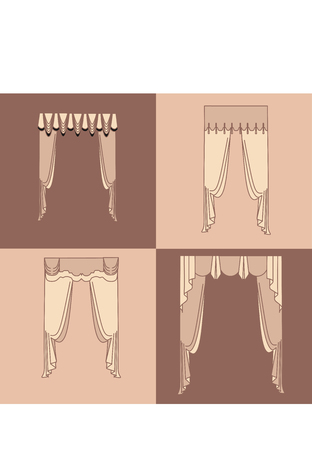curtains and draperies interior decoration design ideas realistic icons collection isolated vector illustrationのイラスト素材