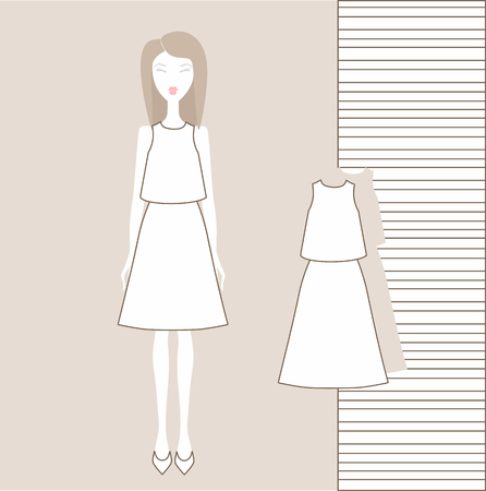 Girl in fashionable clothes, skirt, blouse, jumper, tank top illustration.のイラスト素材