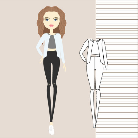 Girl in pants, jumper, tank top. Outerwear, women's clothing, casual outfit. Girl in fashionable clothes illustration.のイラスト素材