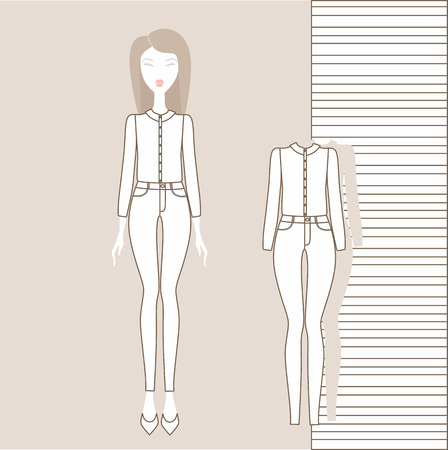Girl in pants, jumper, tank top. Outerwear, women's clothing, casual outfit. Girl in fashionable clothes illustration.のイラスト素材