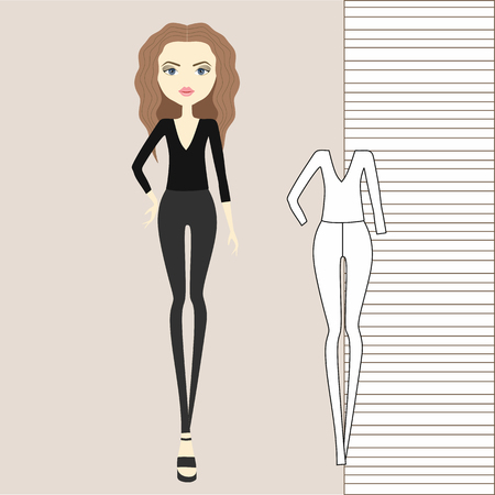 Girl in pants, jumper, tank top. Outerwear, women's clothing, casual outfit. Girl in fashionable clothes illustration.のイラスト素材