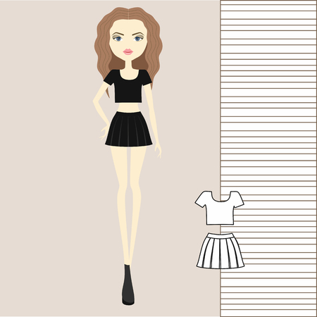 Girl in fashionable clothes, skirt, blouse, jumper, tank top.のイラスト素材
