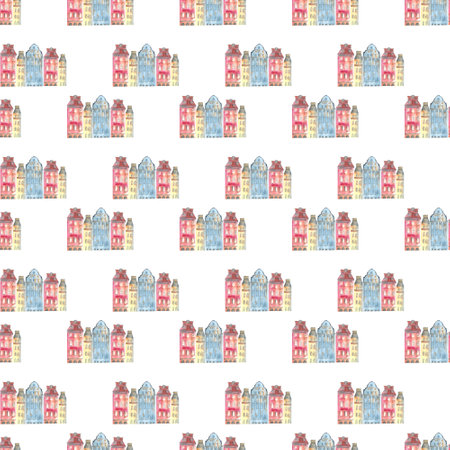print with houses painted in watercolor by hand. Stockholm's hand-drawn houses. color pattern, residential building, windows, roof, walls.の写真素材