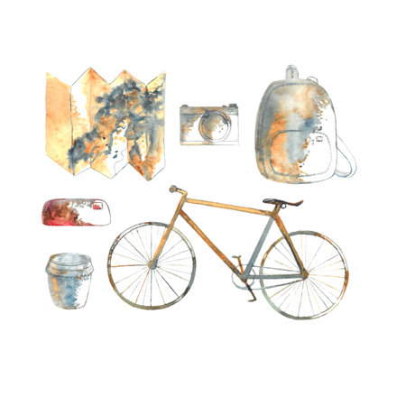 isolated watercolor hand drawn travel set, bike, camera, city map, bag, backpack, pencil case, cosmetic bag, coffee cup to go, thermo mug illustration in retro colorsの写真素材