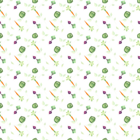 watercolor pattern with vegetables, harvest ornament, hand drawn print, carrot, beetroot, cabbage,...