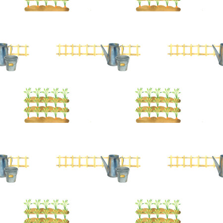 vegetable garden, watercolor hand drawn garden illustration, fence, watering can, bucket, greenery, grass, hand drawn picture for magazineの写真素材