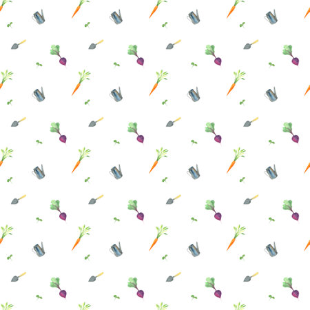 vegetables, watering can, garden tool, carrot, beetroot, hand-drawn watercolor pattern, pattern for decorating gardeningの写真素材