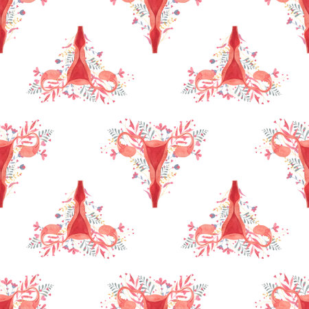 pattern with uterus, pattern with female reproductive organ, with twigs. and flowers, fallopian tubes, cervix, endometrium, hand-drawn watercolor printの写真素材