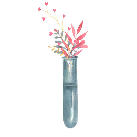research flask with flowers, medical equipment, laboratory glassware, flowers, twigs, hand drawn watercolor illustration isolatedの写真素材