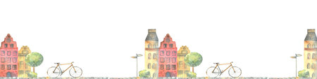 banner with bike and houses, seamless print with bike houses, tree, street hand drawn with watercolors,の写真素材
