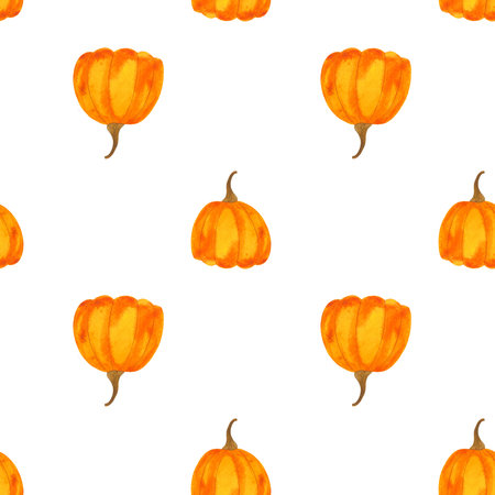pattern with pumpkins painted in watercolor, autumn pattern seamless, print for halloweenの写真素材