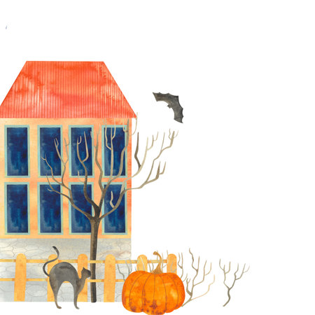 autumn landscape illustration, fence tree without leaves, hand painted watercolor pictureの写真素材