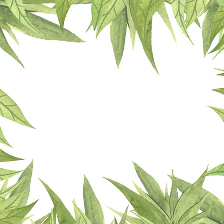 frame of leaves painted in watercolorの写真素材