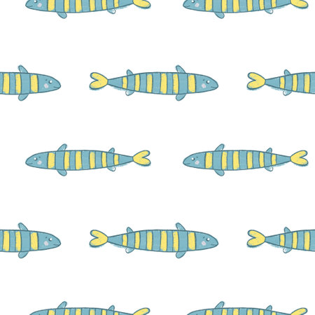 fish print drawn with oil crayons, fish in a primitive style for children's clothingの写真素材