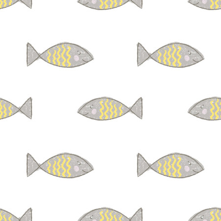 fish print drawn with oil crayons, fish in a primitive style for children's clothingの写真素材