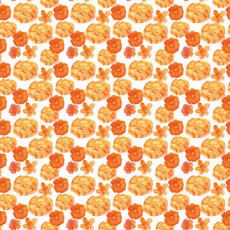 pattern with marigolds, flowers drawn in watercolor, symbol of longevity in China, symbol of the day of the deadの写真素材