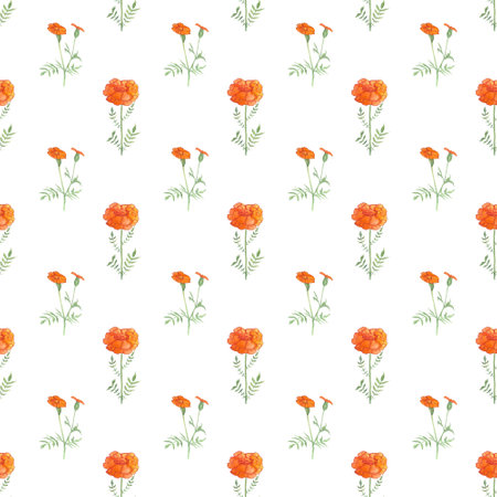 pattern with marigolds, flowers drawn in watercolor, symbol of longevity in China, symbol of the day of the deadの写真素材