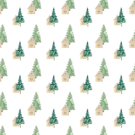 pattern with minimalist houses and trees painted in watercolor in scandinavian style, christmas pictures, new year storyの写真素材