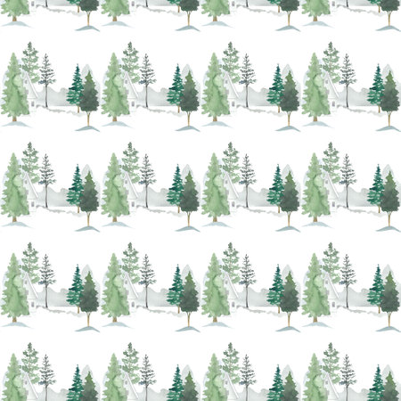 pattern with minimalist houses and trees painted in watercolor in scandinavian style, christmas pictures, new year storyの写真素材