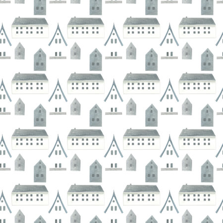 pattern with minimalistic houses painted in watercolor in Scandinavian styleの写真素材