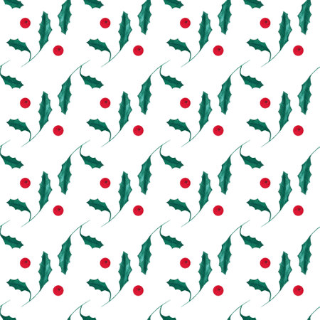 Simple hand drawn watercolor Christmas seamless pattern. Christmas plants, mistletoe, Christmas flowerの写真素材